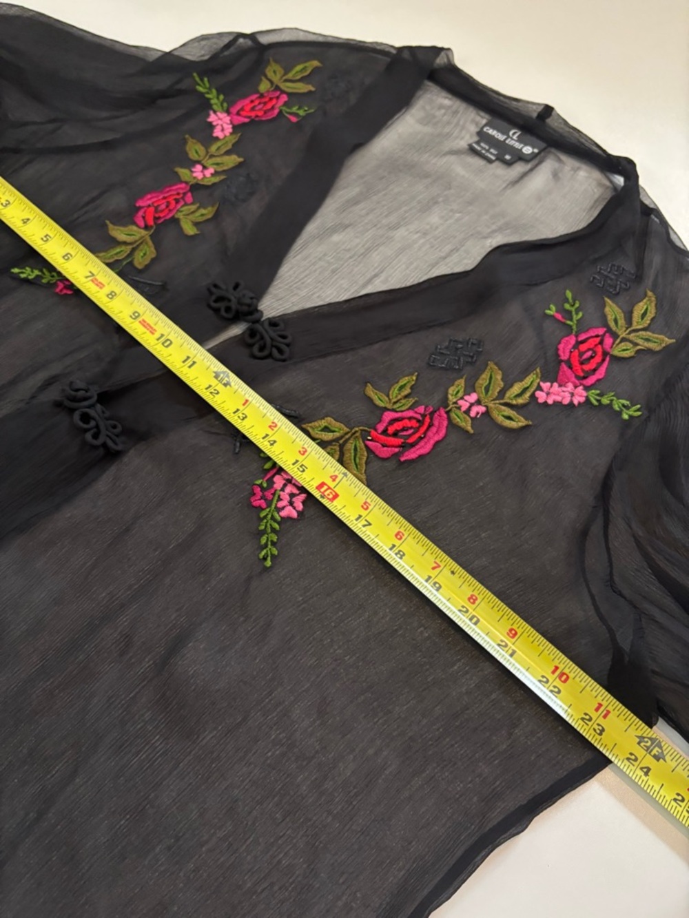 Carole Little Women’s Silk Sheer Embroidered Blouse Size 16 Black Floral Boho - Picture 7 of 10